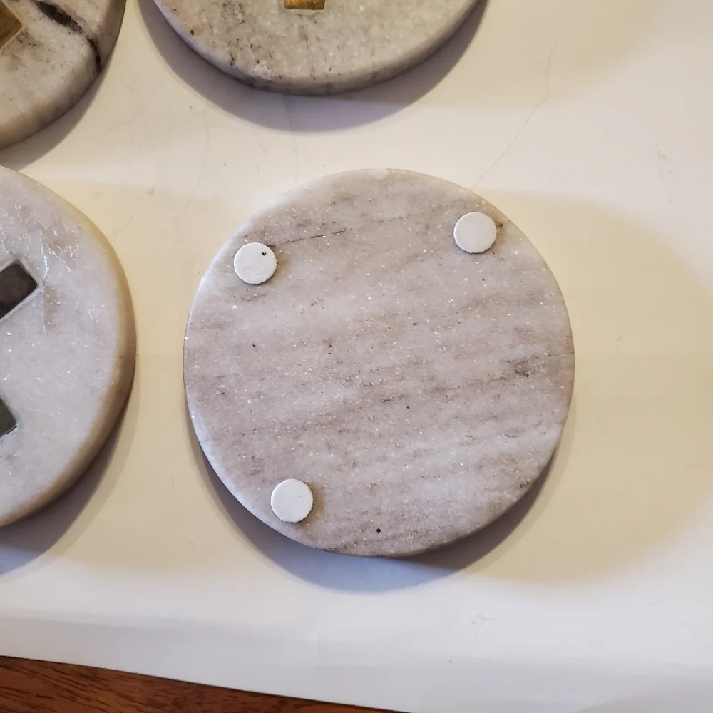 White Marble and Brass Inlay Cross Coasters Set of 4 Round Stone Drink Coasters
